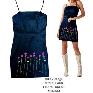 90'S VINTAGE XOXO BLACK DRESS WITH PINK FLOWER MOTIF MEDIUM EUC MADE IN USA
